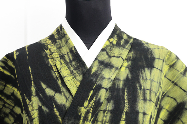 ひでや工房 綿ちりめん 木綿着物 絞り染め 黒×黄色