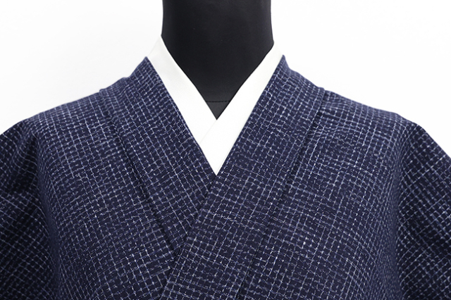 久留米絣 木綿着物 普段着きもの 文人格子 紺（やや赤みの紺色）