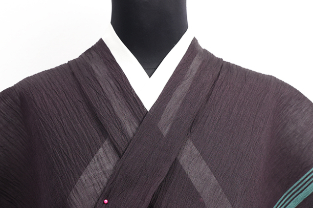 本麻 夏着物 小千谷ちぢみ 楊柳 広幅 縞 黒×緑