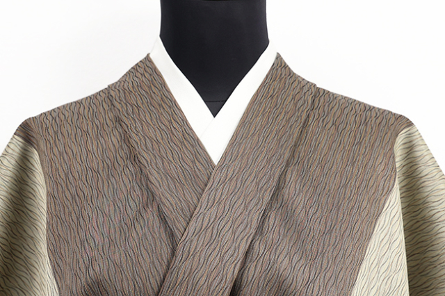 正絹 西陣 お召 広幅 よろけ縞 ベージュ×焦茶