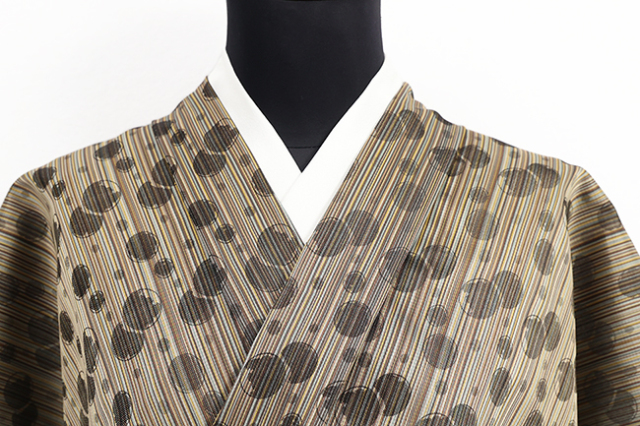 正絹 西陣 お召 広幅 縞 水玉 ベージュ×茶