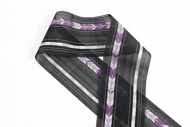 博多織 正絹 半幅帯 粗紗 夏帯 矢羽根 黒×紫