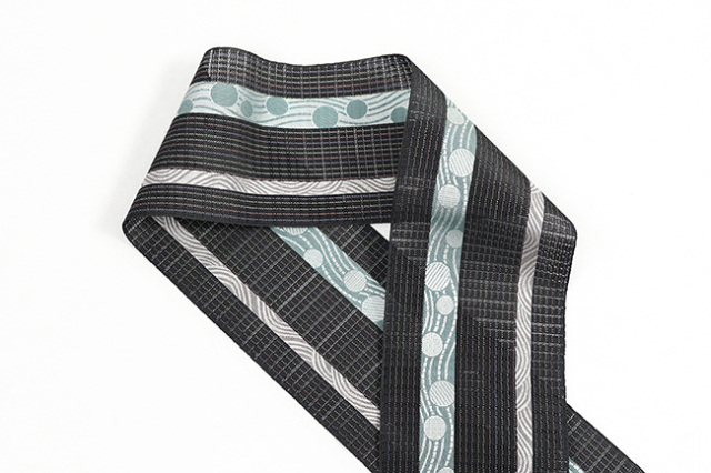 博多織 正絹 半幅帯 粗紗 夏帯 水玉 黒×青緑