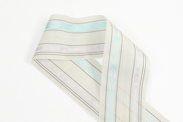 博多織 正絹 半幅帯 粗紗 夏帯 幾何学 白×水色×紫