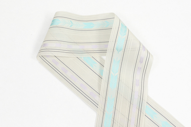 博多織 正絹 半幅帯 粗紗 夏帯 矢羽根 白×水色×紫