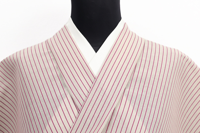 米沢織 夏KIPPE(きっぺ) 綿麻 涼しま 広幅 縞 ベージュ×赤紫 ◆男女兼用◆