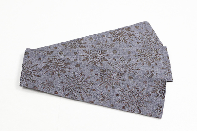 博多織 正絹 半幅帯 リバーシブル 雪の結晶 ラメ 灰色×焦茶