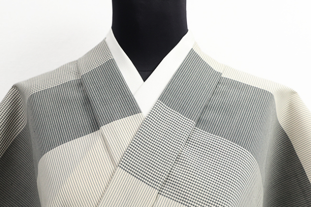 木綿着物 綿さつま 広幅 さつま絣 三種横段 グレー