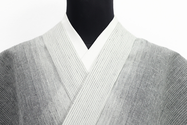 綿麻 夏着物 近江ちぢみ 楊柳 縞 灰色×白
