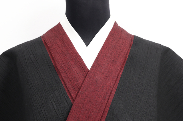 綿麻 夏着物 近江ちぢみ 楊柳 二色切り替え 黒×赤