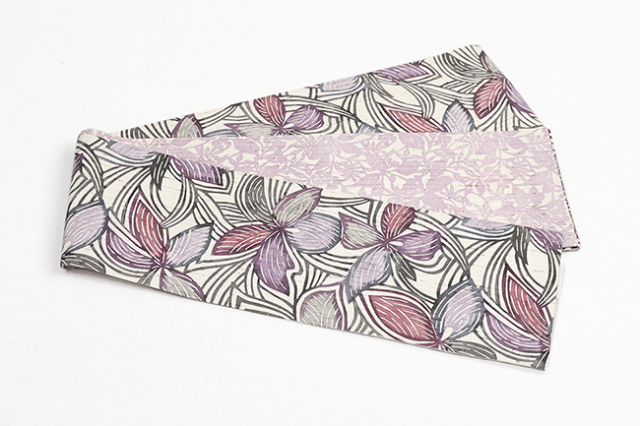 正絹 半幅帯 ぜんまい紬 江戸紅型 花 白×赤紫 