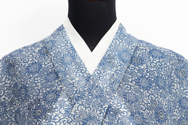 綿麻着物 江戸長板 綿麻乱絽豆引染 夏着物 鉄線 青