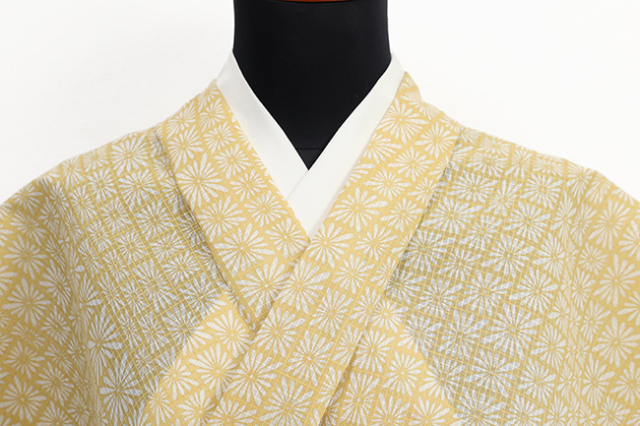 木綿着物 江戸長板 綿紅梅豆引染 夏着物 よろけ菊 黄