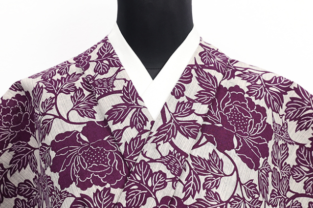 木綿着物 江戸長板 綿紬豆引染 夏着物 菊牡丹鳥 紫