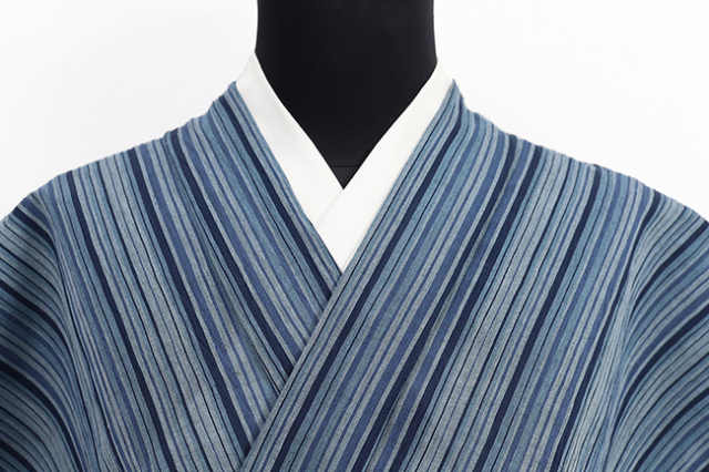 綿麻 夏着物 小千谷ちぢみ 楊柳 広幅 縞 紺