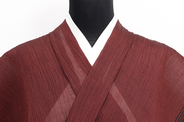 本麻 夏着物 小千谷ちぢみ 楊柳 広幅 縞 エンジ