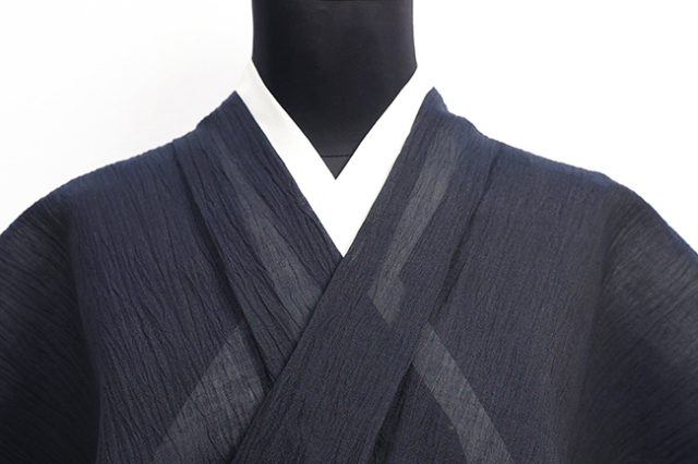 本麻 夏着物 小千谷ちぢみ 楊柳 広幅 無地 紺