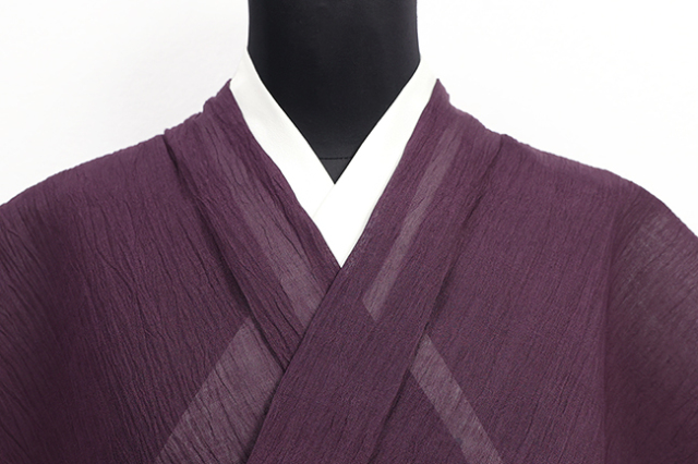 本麻 夏着物 小千谷ちぢみ 楊柳 広幅 無地 紫