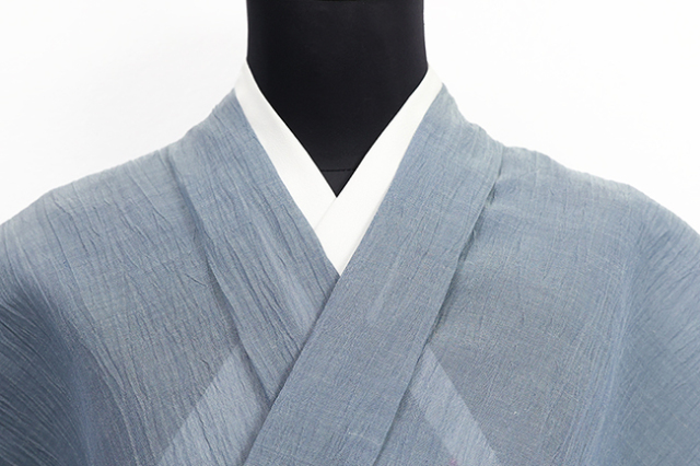 本麻 夏着物 小千谷ちぢみ 楊柳 広幅 無地 灰