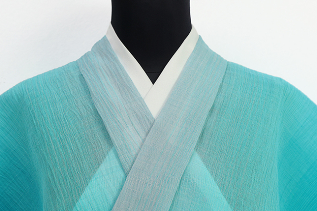 本麻 夏着物 小千谷ちぢみ 楊柳 広幅 ぼかし 青緑