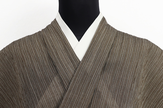 本麻 夏着物 小千谷ちぢみ 楊柳 広幅 縞 カーキ