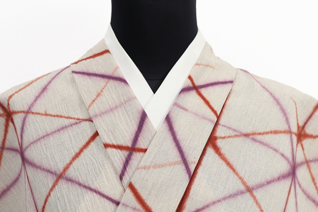 藤井絞 浴衣(ゆかた) 綿麻 板締め絞り 白×赤茶×紫