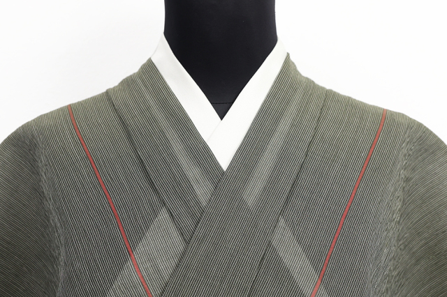 本麻 夏着物 小千谷ちぢみ 楊柳 広幅 縞 カーキ×赤