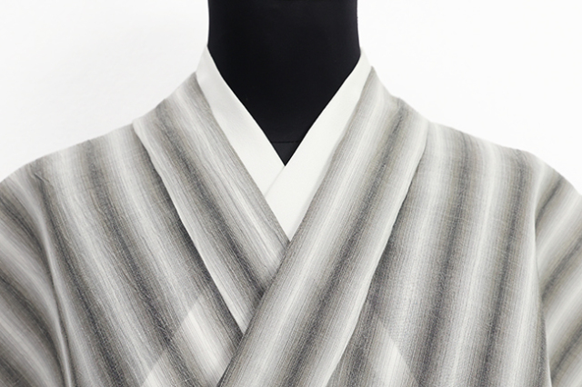 本麻 夏着物 小千谷ちぢみ 楊柳 広幅 ぼかし縞 灰色