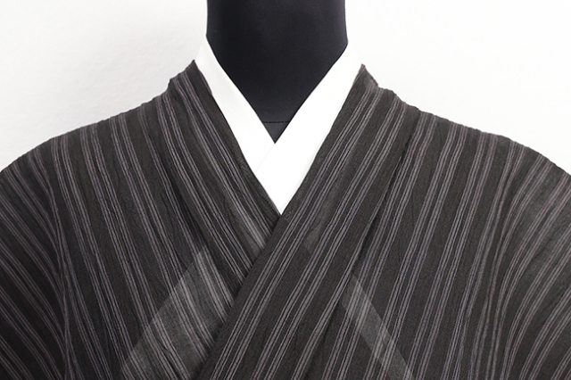 本麻 夏着物 小千谷ちぢみ 楊柳 広幅 縞 黒×濃灰色