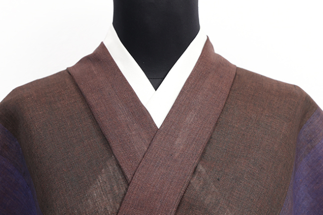 本麻 夏着物 近江 ルポワン染め 縞 焦茶×青