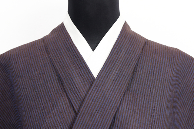 本麻 夏着物 近江ちぢみ 楊柳 縞 青×茶