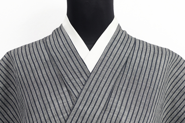 本麻 夏着物 近江ちぢみ 楊柳 縞 灰色×濃紺