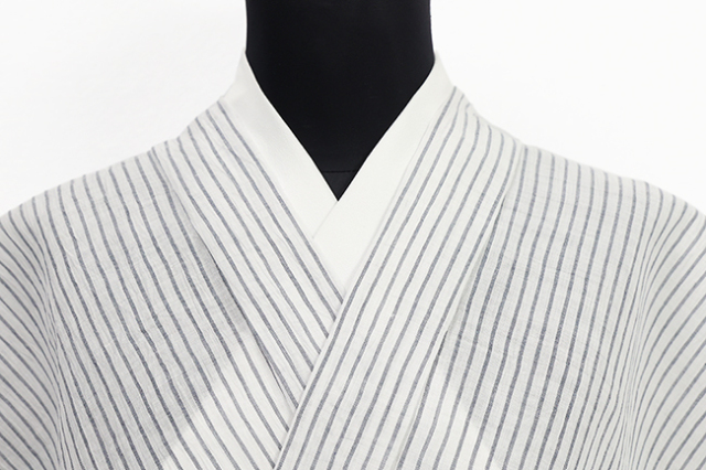 本麻 夏着物 近江ちぢみ 楊柳 縞 白×灰色