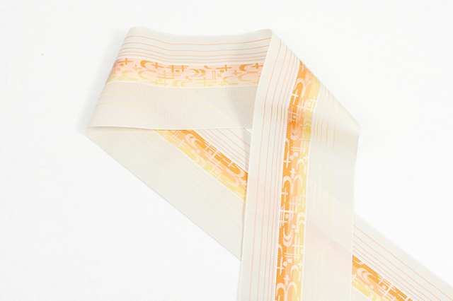 博多織 正絹 半幅帯 粗紗 夏帯 月と星 白×橙