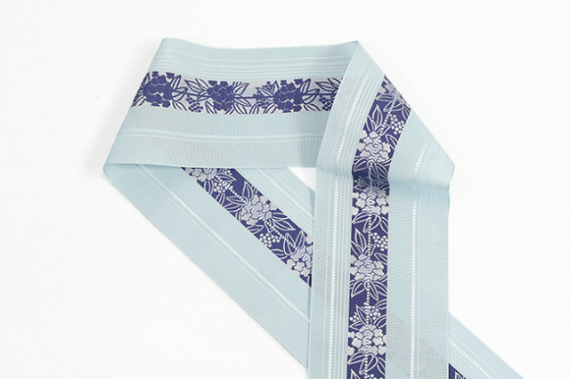 博多織 正絹 半幅帯 粗紗 夏帯 花 水色×紺