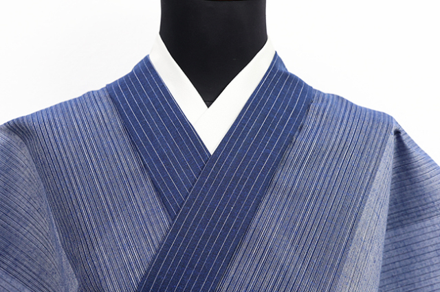 光源氏 浴衣(ゆかた) 綿麻 グラデ縞 青 ◆男性にオススメ◆