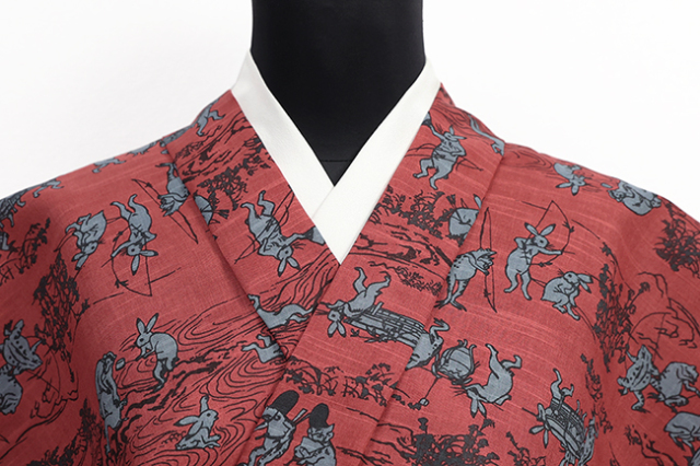 itomi浴衣(ゆかた) 優華壇 綿 鳥獣戯画絵巻 えんじ×灰色 ◆男女兼用◆