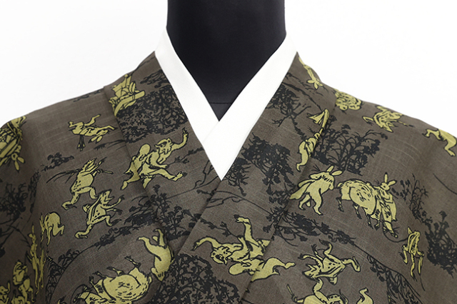 itomi浴衣(ゆかた) 優華壇 綿 鳥獣戯画絵巻 深緑×黄緑 ◆男女兼用◆