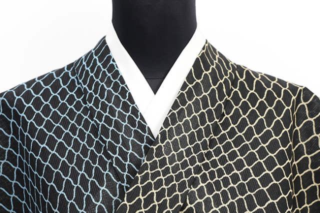 光源氏 浴衣(ゆかた) 綿麻 両面染め 網代 ベージュ×水色 ◆男性にオススメ◆