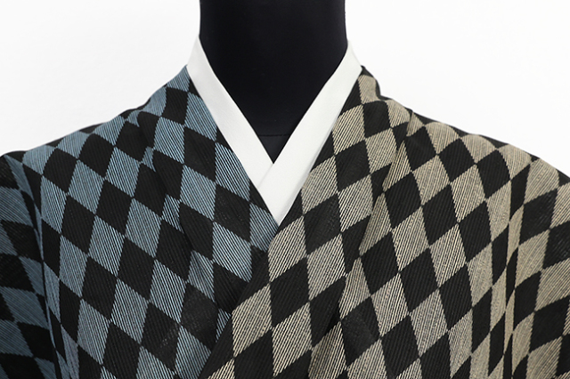 光源氏 浴衣(ゆかた) 綿麻 両面染め ダイヤ ベージュ×水色 ◆男性にオススメ◆