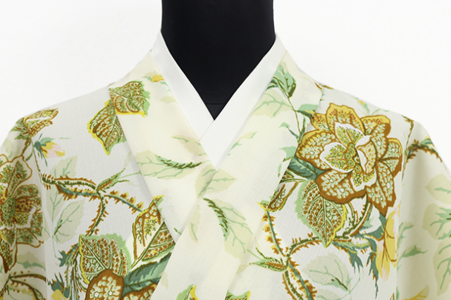 ソレイアード ポリエステル着物 浴衣 セオα 着物 ローズバッド アイボリー×緑