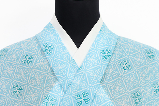 本麻 夏着物 近江ちぢみ 楊柳 IKS COLLCTION モザイクタイル 水色