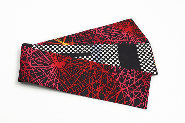 京都 青野工房 半幅帯 正絹 ハイブリッド染め 放射赤 ドット 1175