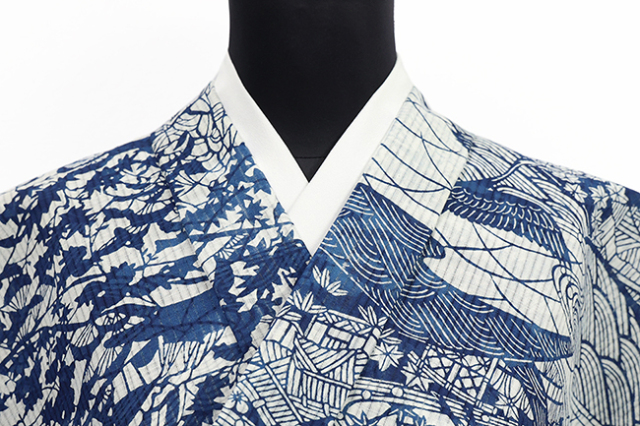 綿麻着物 夏着物 両面染め 長板正藍染 茶屋辻に鶴 秋