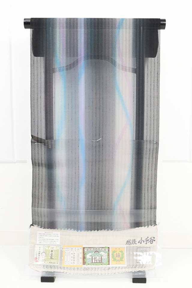 正絹 夏着物 紗 小千谷 紬 縞 黒×青
