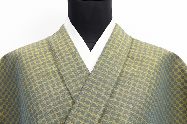 米沢木綿 綿麻着物  紋KIPPE(きっぺ) めんこあさ 広幅 タイル 黄緑 ◆男女兼用◆