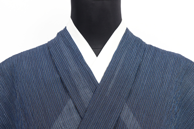 本麻 夏着物 小千谷ちぢみ 楊柳 広幅 縞 紺