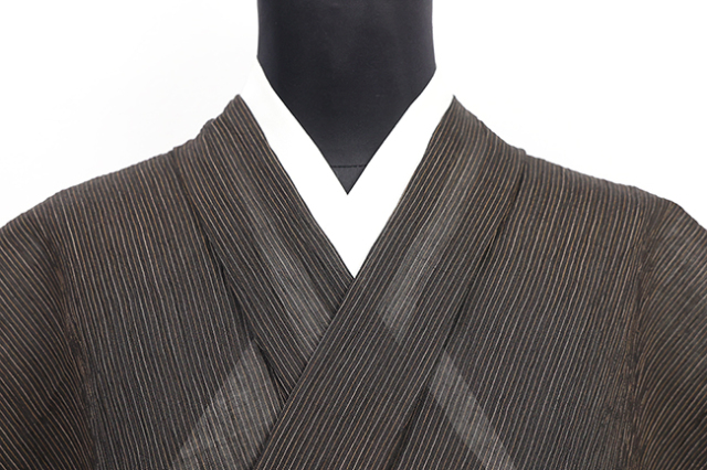 本麻 夏着物 小千谷ちぢみ 楊柳 広幅 縞 焦茶