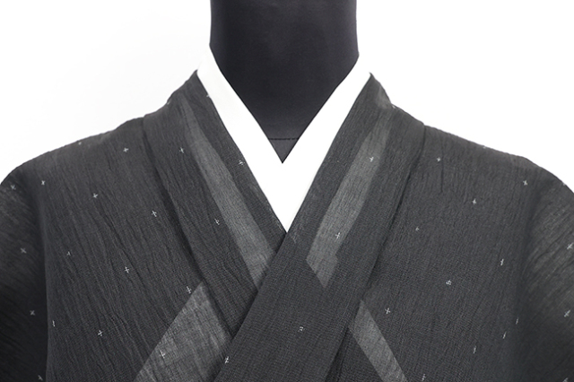 小千谷ちぢみ 本麻 上品な絣 着物MT-020 本麻 夏着物 小千谷ちぢみ 楊柳 広幅 マンガン絣 墨黒