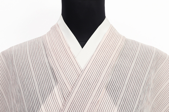本麻 夏着物 小千谷ちぢみ 楊柳 広幅 縞 薄ピンク